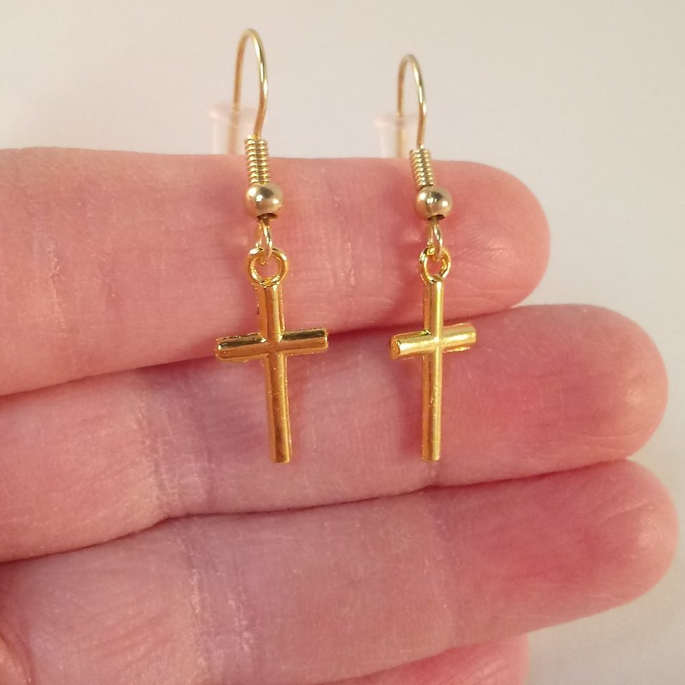 Men's Yellow Gold Plated Cross Dangle Earrings Hypoallergenic Party Gift